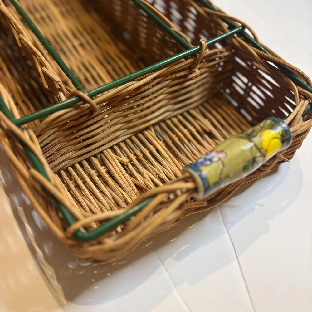 Wicker Utensil Caddy Green Ceramic Handles 4 Compartments Picnic Cottagecore